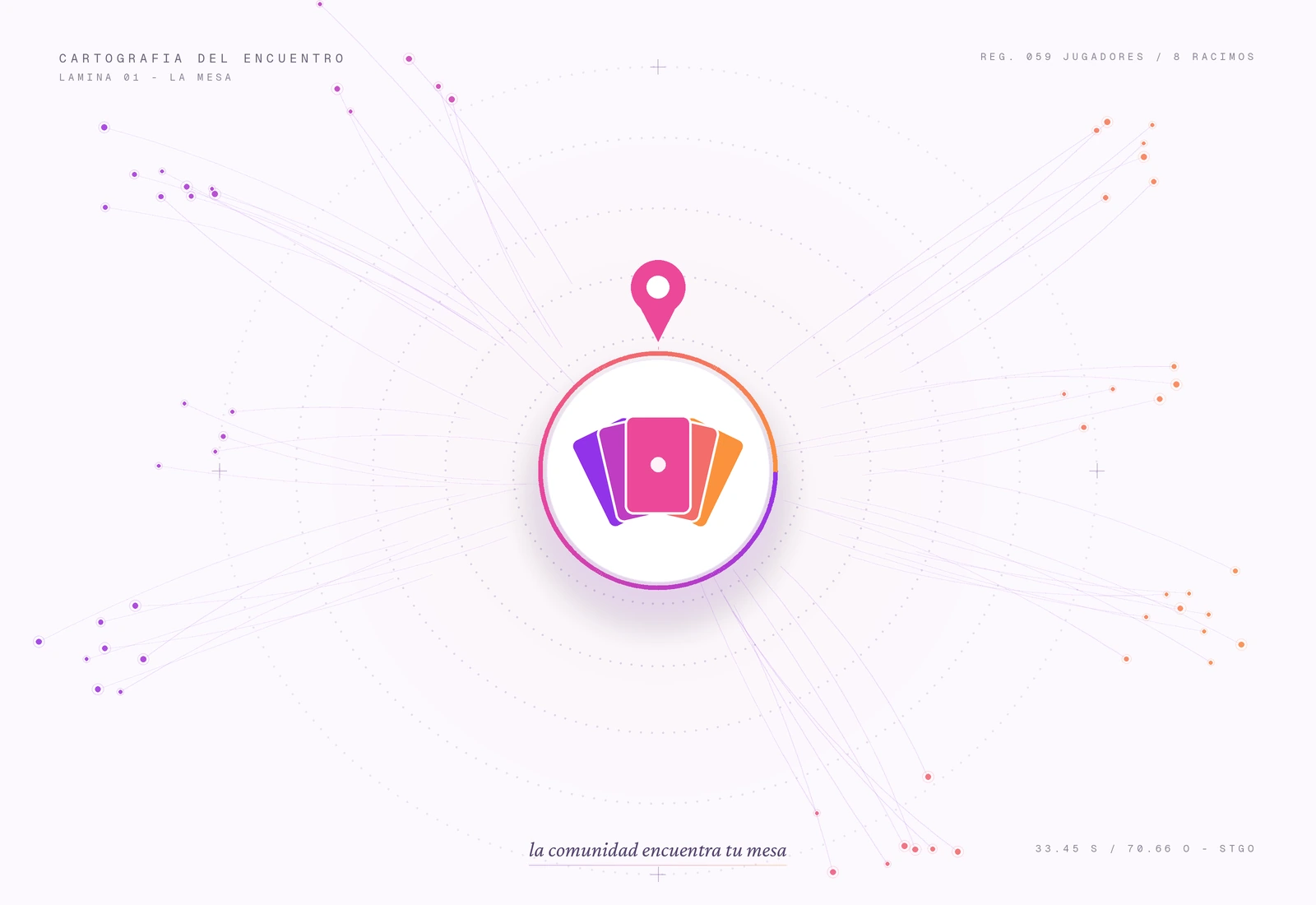 Mapa ilustrado: jugadores de toda la ciudad convergen hacia una mesa de juego con cartas, marcada con un pin de ubicación