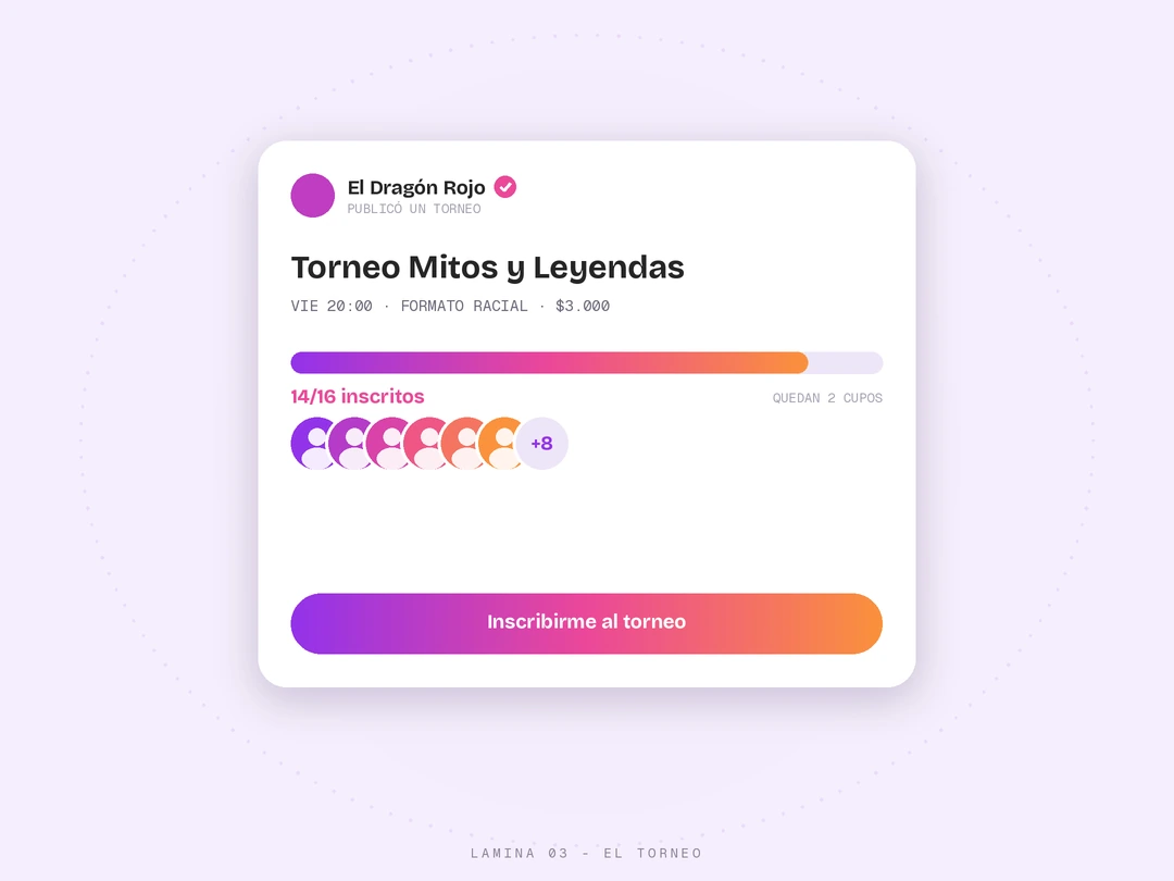 Publicación de un torneo de Mitos y Leyendas con 14 de 16 cupos inscritos