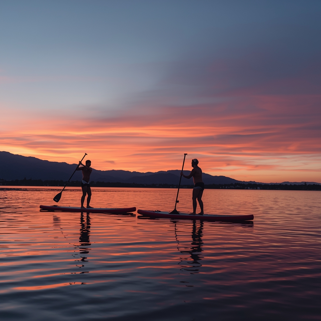 Personas practicando surf al atardecer